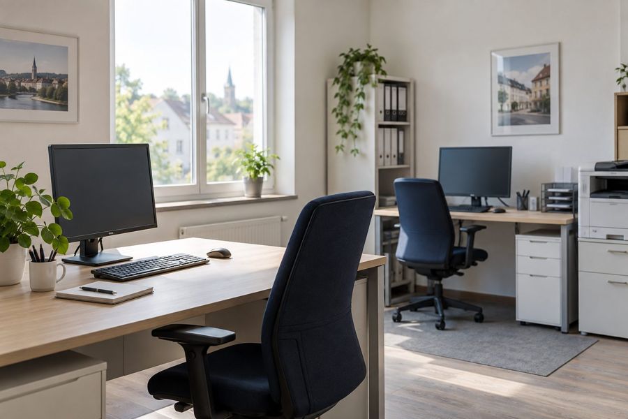 Heller Arbeitsplatz mit Computer und Drucker