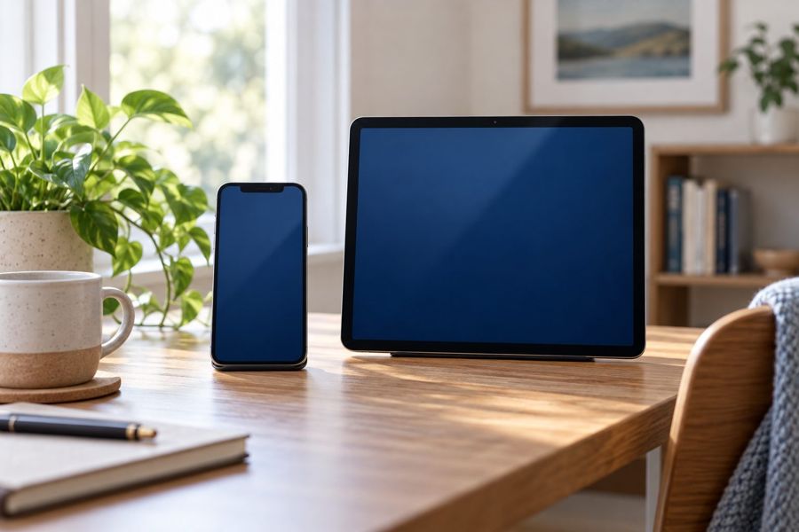 Smartphone und Tablet auf einem Holztisch
