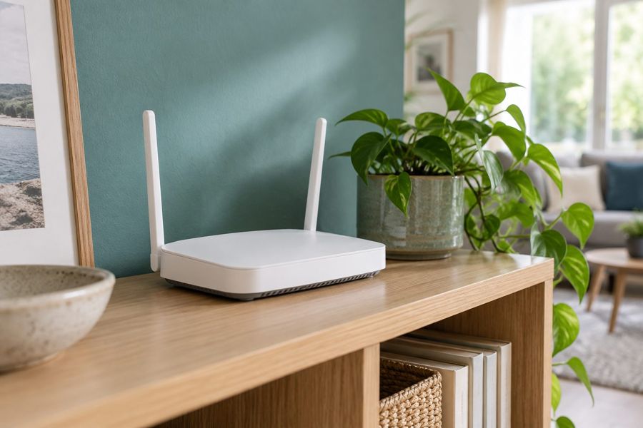 Router mit WLAN in einem hellen Wohnzimmer